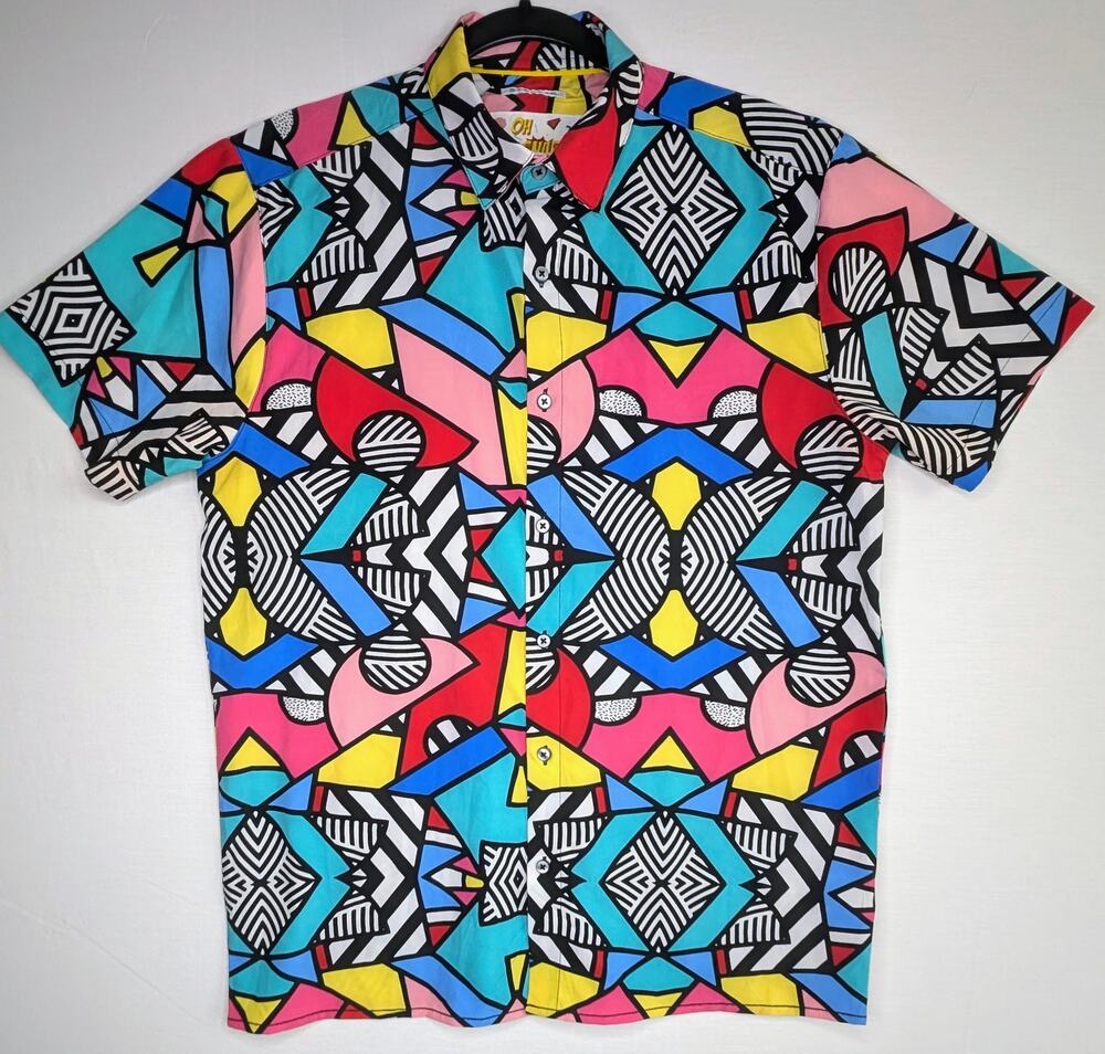 OH SNAP BY DRILL CLOTHING CO Abstract Geo Short Sleeve Button Up Shirt Med Retro